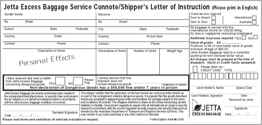 Jetta Excess Baggage Connote / Shipper's Letter of Instructions.